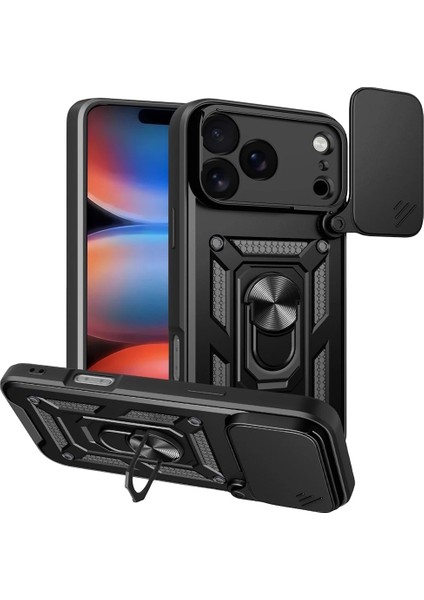 Apple iPhone 17 Pro Kılıf Kamera Korumalı Sürgülü Yüzüklü Armor Military Tank Kızaklı Sert Kapak