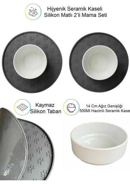 Pati Kedi Köpek Beslenme Mama Su Kabı Kaymaz Silikon Matlı Seramik Kaseli 500ML Hacimli 2’li Set modelleri