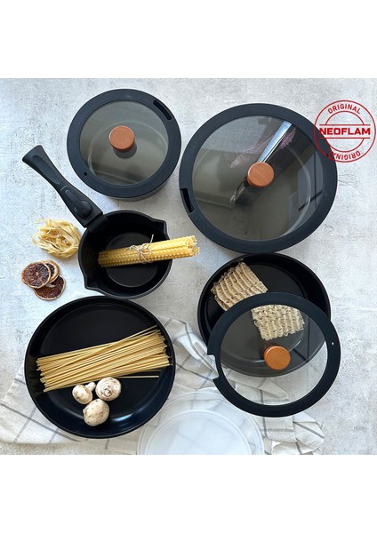 Neoflam Midas Siyah 11 Parça Ayrılabilen Saplı Iç Içe Geçebilen Indüksiyonlu Tencere Tava Seti