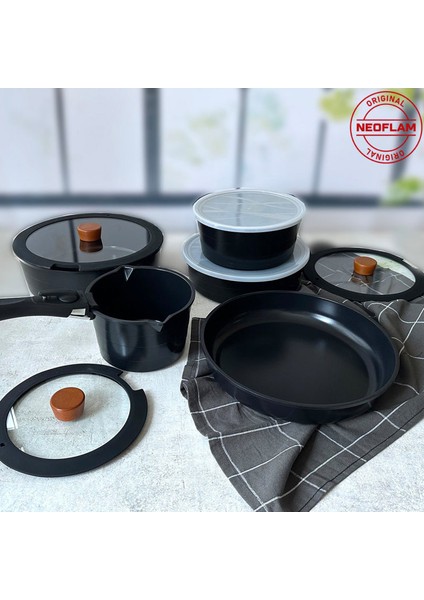 Neoflam Midas Siyah 11 Parça Ayrılabilen Saplı Iç Içe Geçebilen Indüksiyonlu Tencere Tava Seti modelleri