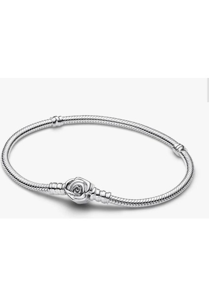 Gümüş Renk S925 Ayar Moments Açan Gül Klipsli Yılan Zincir Bileklik