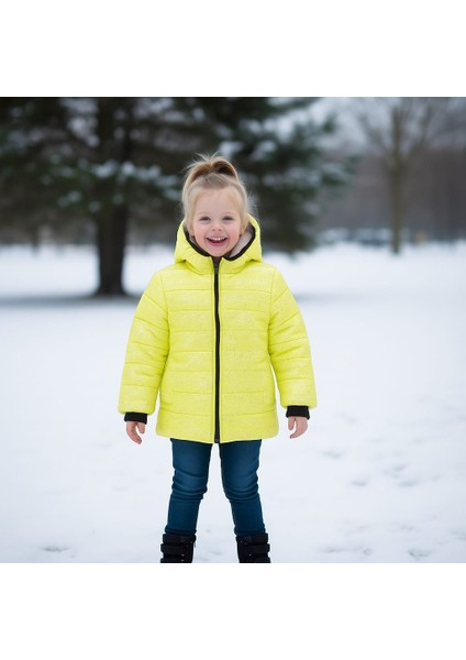 Parlak Simli Içi Peluşlu Su ve Rüzgar Geçirmez Kapüşonlu Kız Çocuk Montu