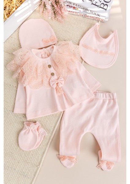 Güpürlü Fiyonklu Pamuklu 5'li Kız Bebek Hastane Çıkışı Bebek Takımı