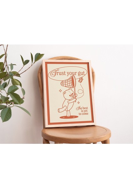 Retro Ayı Baskısı, Vintage Turuncu Illüstrasyon, Pozitif Tipografi Baskıları, Içgüdülerinize Güvenin Duvar Dekoru modelleri