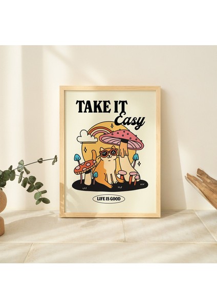 Rahat Kedi Mantar Baskısı, Rahat Olun Alıntı Posteri, Nötr Retro ve Şık Sanat