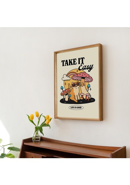 Rahat Kedi Mantar Baskısı, Rahat Olun Alıntı Posteri, Nötr Retro ve Şık Sanat fırsatları