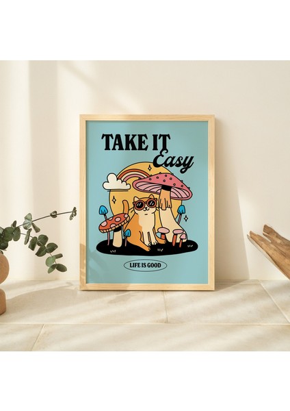 Rahat Kedi Mantar Baskısı, Rahat Olun Alıntı Posteri, Nötr Retro ve Şık Sanat