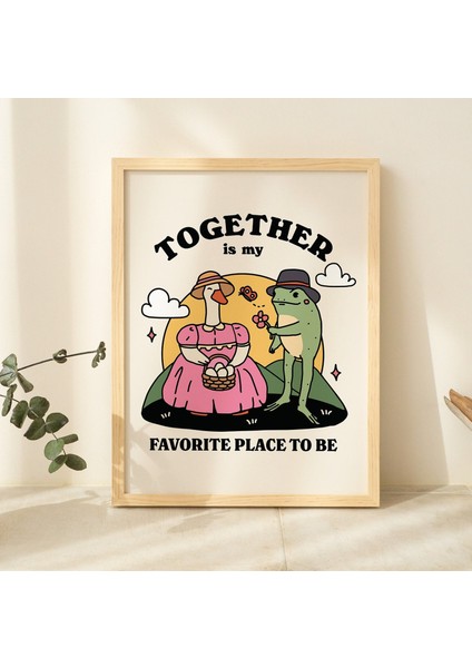 Sevimli Kurbağa ve Kaz Baskısı, Favori Yer Alıntısı, Romantik Dekor, Yanık Turuncu Yeşil Retro Poster