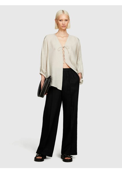 %100 Keten Beli Lastikli Önü Pileli Geniş Paça Pantolon Kadın Siyah Pantolon - 325P4AGHLF03U