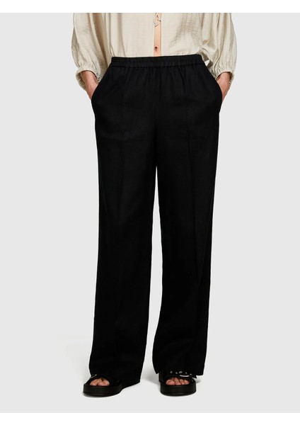 %100 Keten Beli Lastikli Önü Pileli Geniş Paça Pantolon Kadın Siyah Pantolon - 325P4AGHLF03U fırsatları