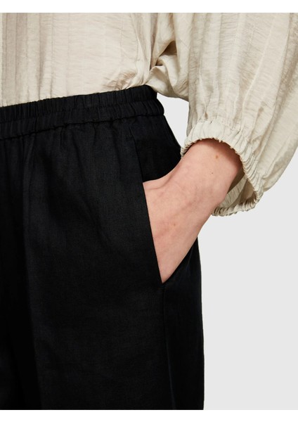 %100 Keten Beli Lastikli Önü Pileli Geniş Paça Pantolon Kadın Siyah Pantolon - 325P4AGHLF03U indirimleri