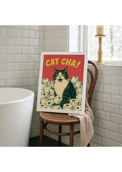 Komik Kedi Banyo Posteri, Retro Pop Art Tuvalet Kağıdı Mizahı