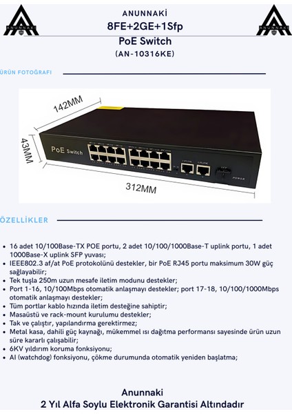 10316KE 16+2+1 Port Gigabit Poe Switch 16FE+2GE+1SFP Ip Kamera Network Poe Gigabit Switch fırsatları