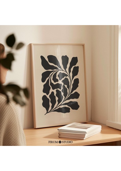 Orta Yüzyıl Soyut Botanik Yapraklar, Siyah ve Bej Modern Sanat