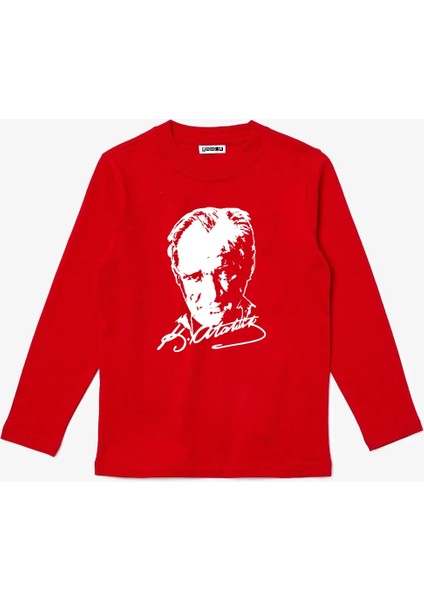 Uzun Kollu Atatürk Silüet ve Imza Baskılı Pamuklu Çocuk Tişört