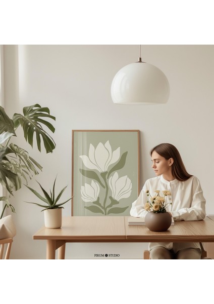 Bahar Çiftlik Evi Dekoru Için Adaçayı Yeşili Manolya Sanatı - Sönük Yeşil Cottagecore Duvar, Soyut Çiçek Modern |