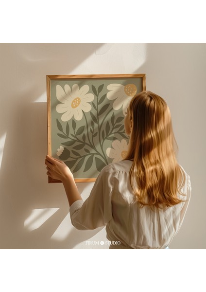 Adaçayı Yeşili Papatyalar Kare Duvar Sanatı, Soyut Çiçek Sanatı