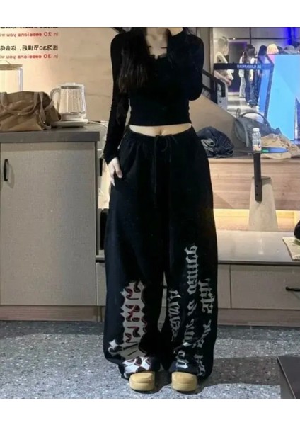 Büyük Beden Sokak Modası Gothıc Baskılı Ispanyol Paça Kışlık Kadın Eşofman Altı