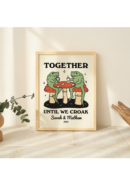 Çerçeveli Özel Kahve Kurbağası Baskısı, Kişiye Özel Çift Hediyesi, Retro Mantar Illüstrasyonu, Yıldönümü Hediye Fikri, Siyah