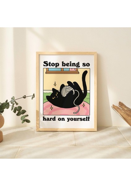 Çerçeveli Renkli Kedi Baskısı, Kendine Iyi Bak Alıntısı, Siyah Kedi Baskısı, Retro Kedi Posteri, Eklektik Sanat