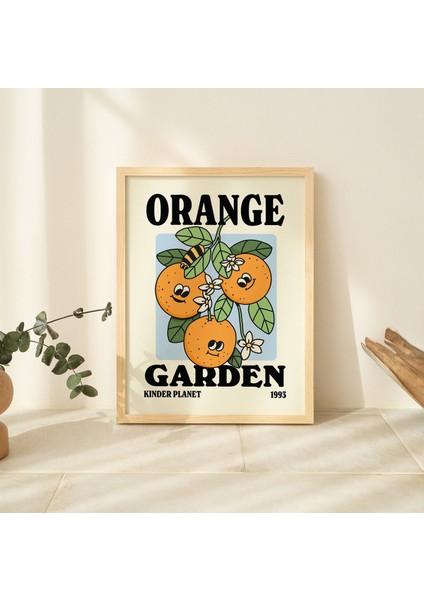 Çerçeveli Portakal Bahçesi Posteri, Çiçek Baskısı, Meyve Karakterli Poster, Çiçek Sanatı, Retro Tipografi