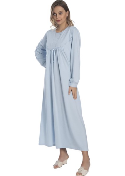 % 100 Pamuk Penye Işlemeli Yarım Patlı Düğmeli Kadın Uzun Kol Klasik Anne Mavi Gecelik DYP1001 fiyatları