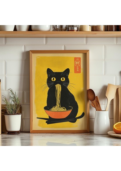 Ilginç Kedi Ramen Yeme Duvar Sanatı, Japon Mutfağı Duvar Sanatı, Erişte Severlere Hediye