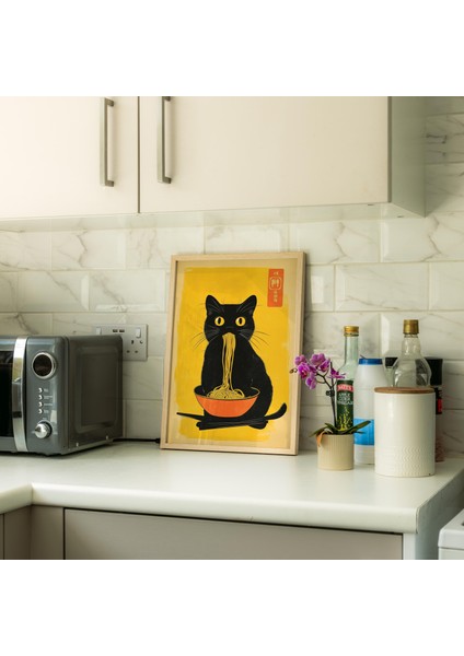 Ilginç Kedi Ramen Yeme Duvar Sanatı, Japon Mutfağı Duvar Sanatı, Erişte Severlere Hediye indirimleri