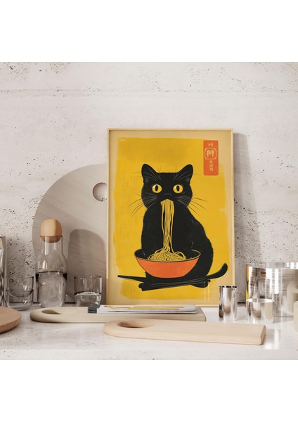 Ilginç Kedi Ramen Yeme Duvar Sanatı, Japon Mutfağı Duvar Sanatı, Erişte Severlere Hediye