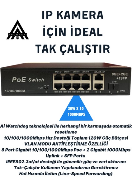 3038GE 8 Port Gigabit Poe Switch 22GBPS, 120W Güç 2 Uplink+Sfp Aı Watchdog Vlan fiyatları