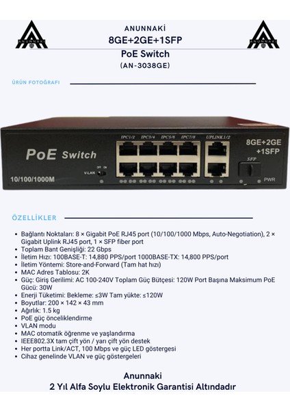 3038GE 8 Port Gigabit Poe Switch 22GBPS, 120W Güç 2 Uplink+Sfp Aı Watchdog Vlan modelleri