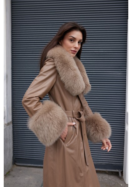 Noirbelle Hakiki Kürk Yaka, Uzun Deri Kaban Kahverengi