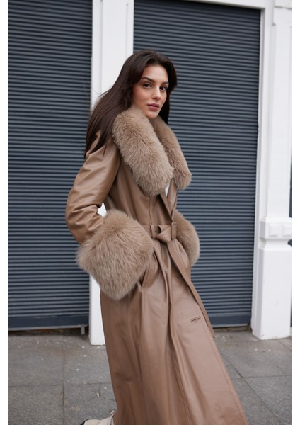 Noirbelle Hakiki Kürk Yaka, Uzun Deri Kaban Kahverengi fiyatları