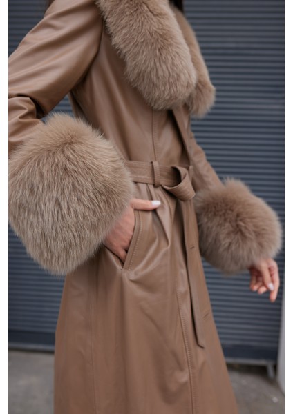 Noirbelle Hakiki Kürk Yaka, Uzun Deri Kaban Kahverengi modelleri