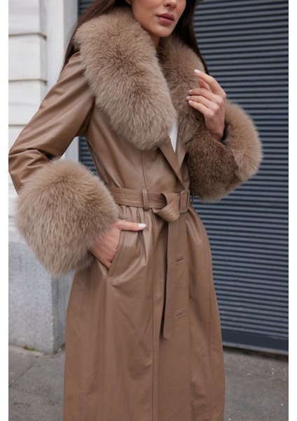 Noirbelle Hakiki Kürk Yaka, Uzun Deri Kaban Kahverengi fırsatları