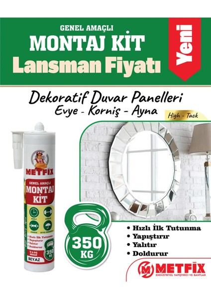 Korniş, Evye, Ayna ve Dekoratif Duvar Panelleri Için Montaj Yapıştırıcı 290ML - Beyaz fiyatları