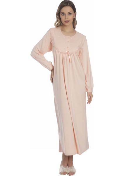 % 100 Pamuk Penye Işlemeli Yarım Patlı Düğmeli Kadın Uzun Kol Klasik Anne Yavruağzı Gecelik DYP1001