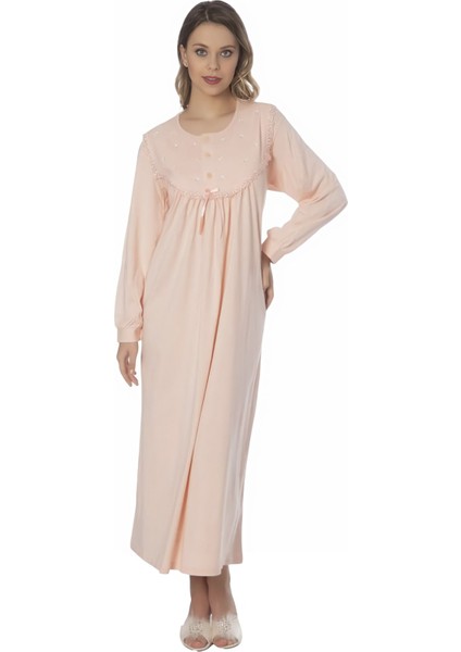 % 100 Pamuk Penye Işlemeli Yarım Patlı Düğmeli Kadın Uzun Kol Klasik Anne Yavruağzı Gecelik DYP1001 fiyatları