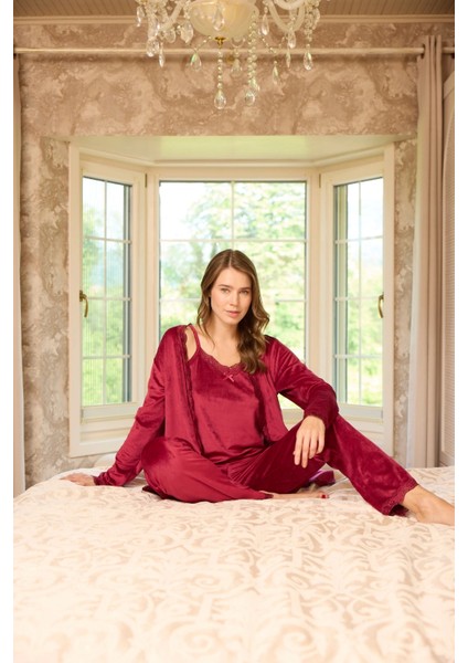 Kadın Fransız Kadife 3'lü Şık Askılı Bordo Pijama Takımı - 5545