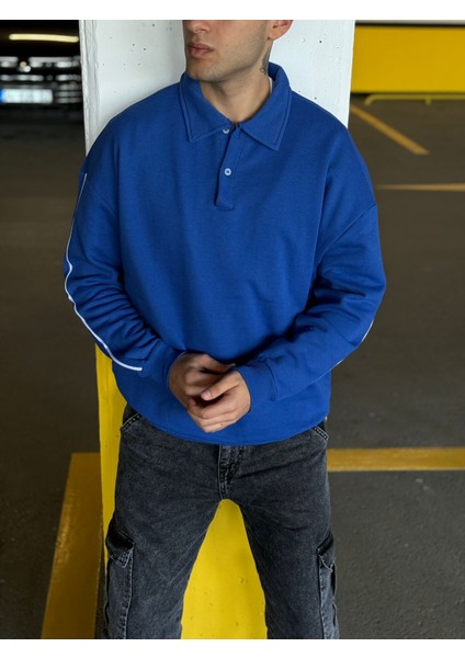 Erkek Oversize Şeritli Polo Yaka Düğmeli Sweatshirt