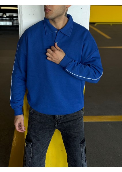 Erkek Oversize Şeritli Polo Yaka Düğmeli Sweatshirt fiyatları