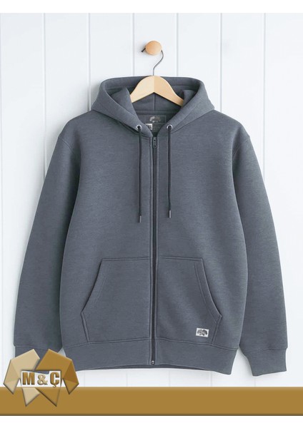 Şardonlu 3 Iplik Kapşonlu Fermuarlı Sweatshirt Battal Beden Kalın Pamuklu Düz Ceket