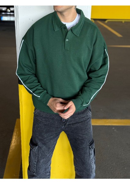 Erkek Oversize Şeritli Polo Yaka Düğmeli Sweatshirt