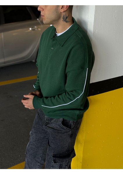 Erkek Oversize Şeritli Polo Yaka Düğmeli Sweatshirt fiyatları