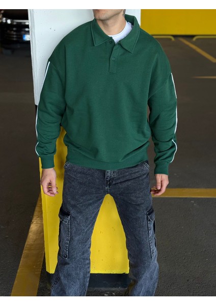 Erkek Oversize Şeritli Polo Yaka Düğmeli Sweatshirt modelleri