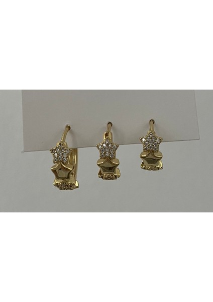 Kadın 3lü Çelik Gold Küpe Taşlı Küpe Gold Küpe 3lü Küpe Gold Kaplama 3'lü Yıldız Küpe Seti Kadın Zirkon Taşlı Huggie Küçük Halka Kararmaz Set Küpe Lüks Takı