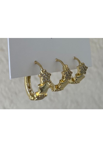 Kadın 3lü Çelik Gold Küpe Taşlı Küpe Gold Küpe 3lü Küpe Gold Kaplama 3'lü Yıldız Küpe Seti Kadın Zirkon Taşlı Huggie Küçük Halka Kararmaz Set Küpe Lüks Takı modelleri