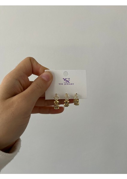 Kadın 3lü Çelik Gold Küpe Taşlı Küpe Gold Küpe 3lü Küpe Gold Kaplama 3'lü Yıldız Küpe Seti Kadın Zirkon Taşlı Huggie Küçük Halka Kararmaz Set Küpe Lüks Takı
