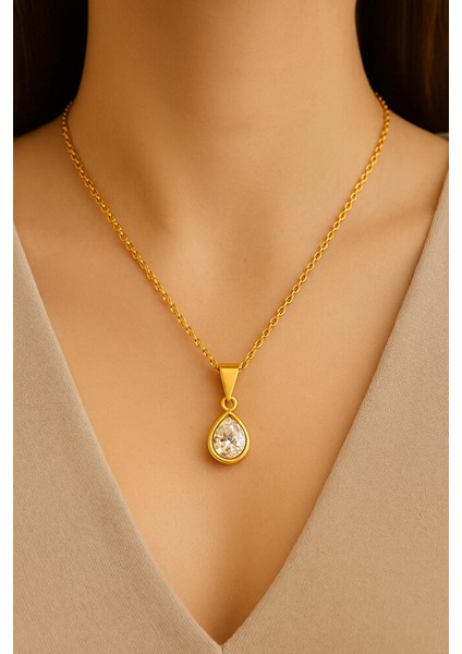 I Damla Kesim Taşlı Altın Rengı Zincir Kolye – Zarif & Işıltılı Tasarım fırsatları