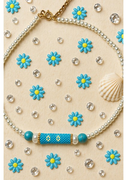 El Yapımı Inci Detaylı Turkuaz Miyuki Çiçek Kolye